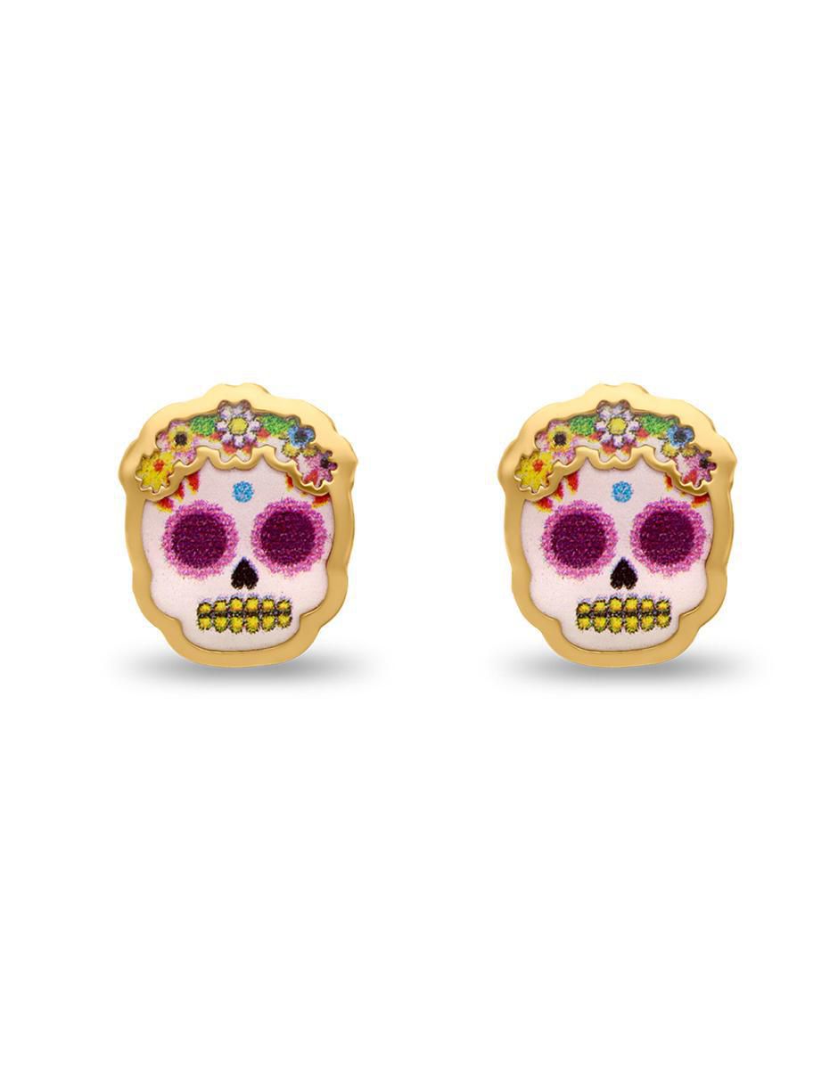 Broqueles de catrina Calaveras de oro amarillo con acabado brillante