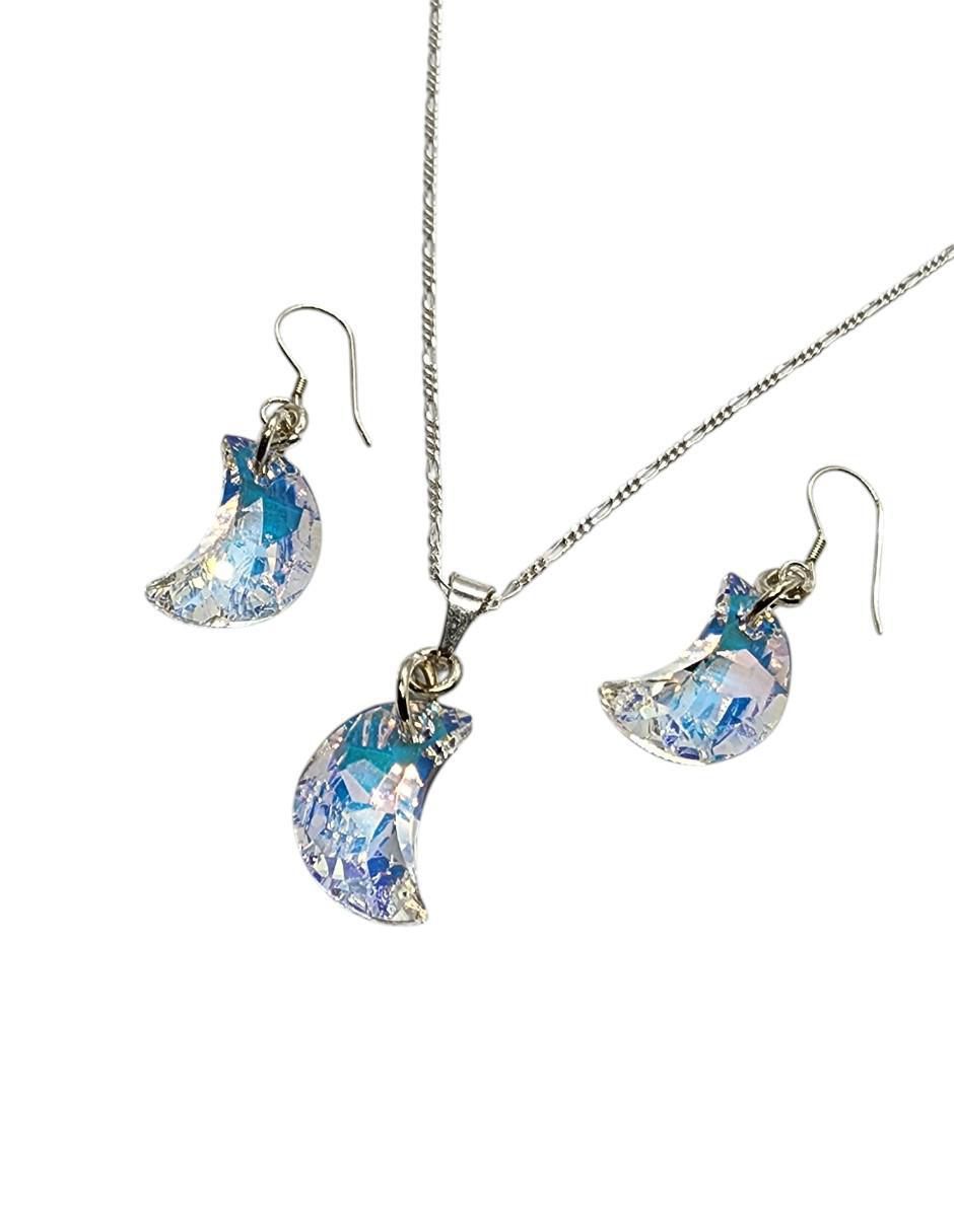 Aretes y collar de luna tornasol lde plata P.925 zirconia 2