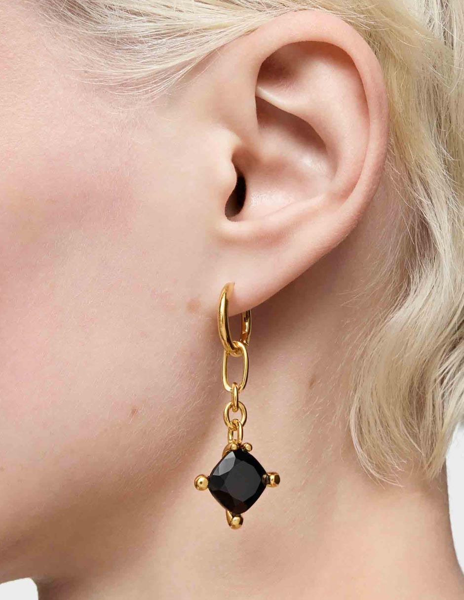 Aretes de aro cuadrados de plata P 925 con acabado baño de oro ónix 7