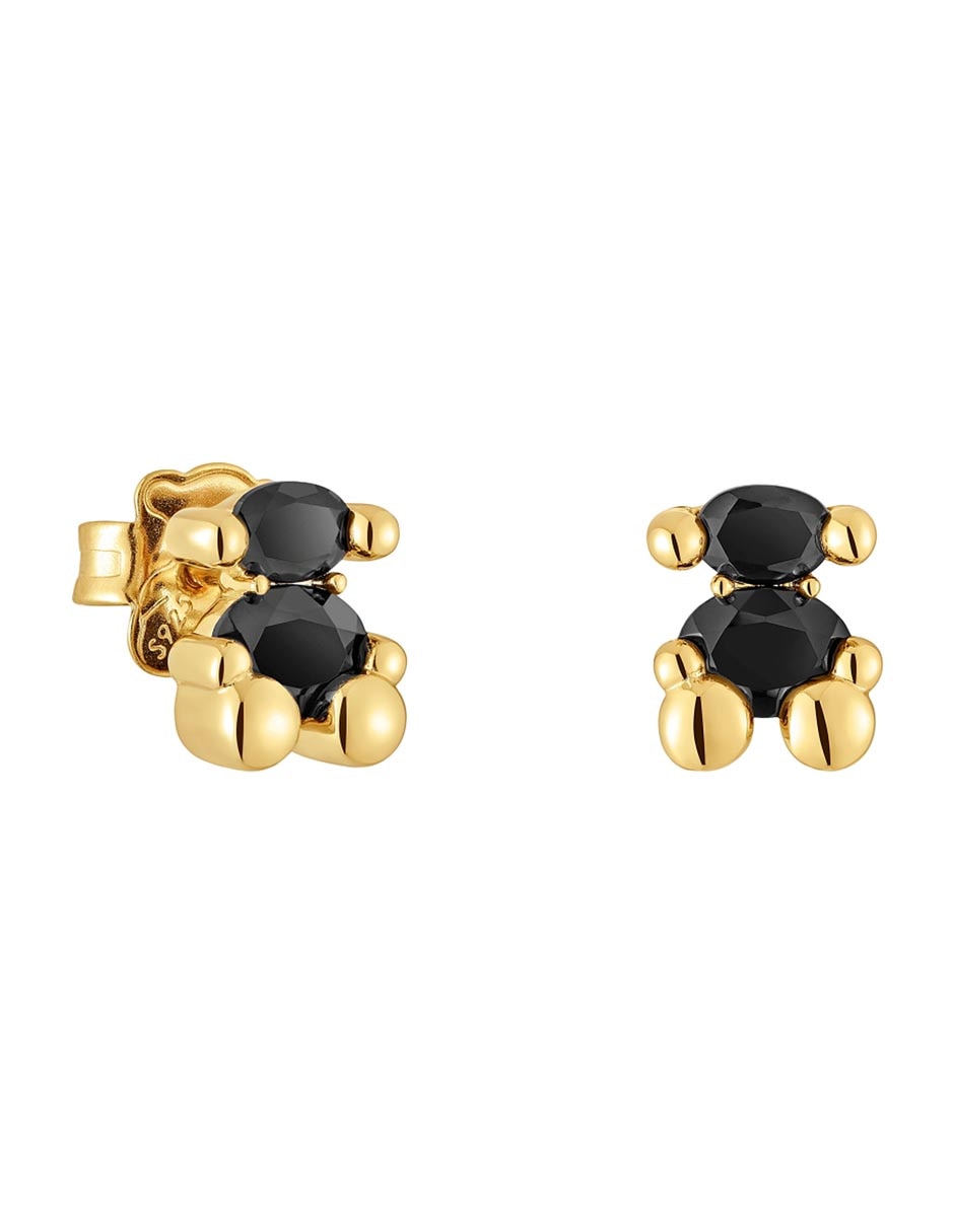 Broqueles de oso de plata P 925 con acabado baño de oro ónix
