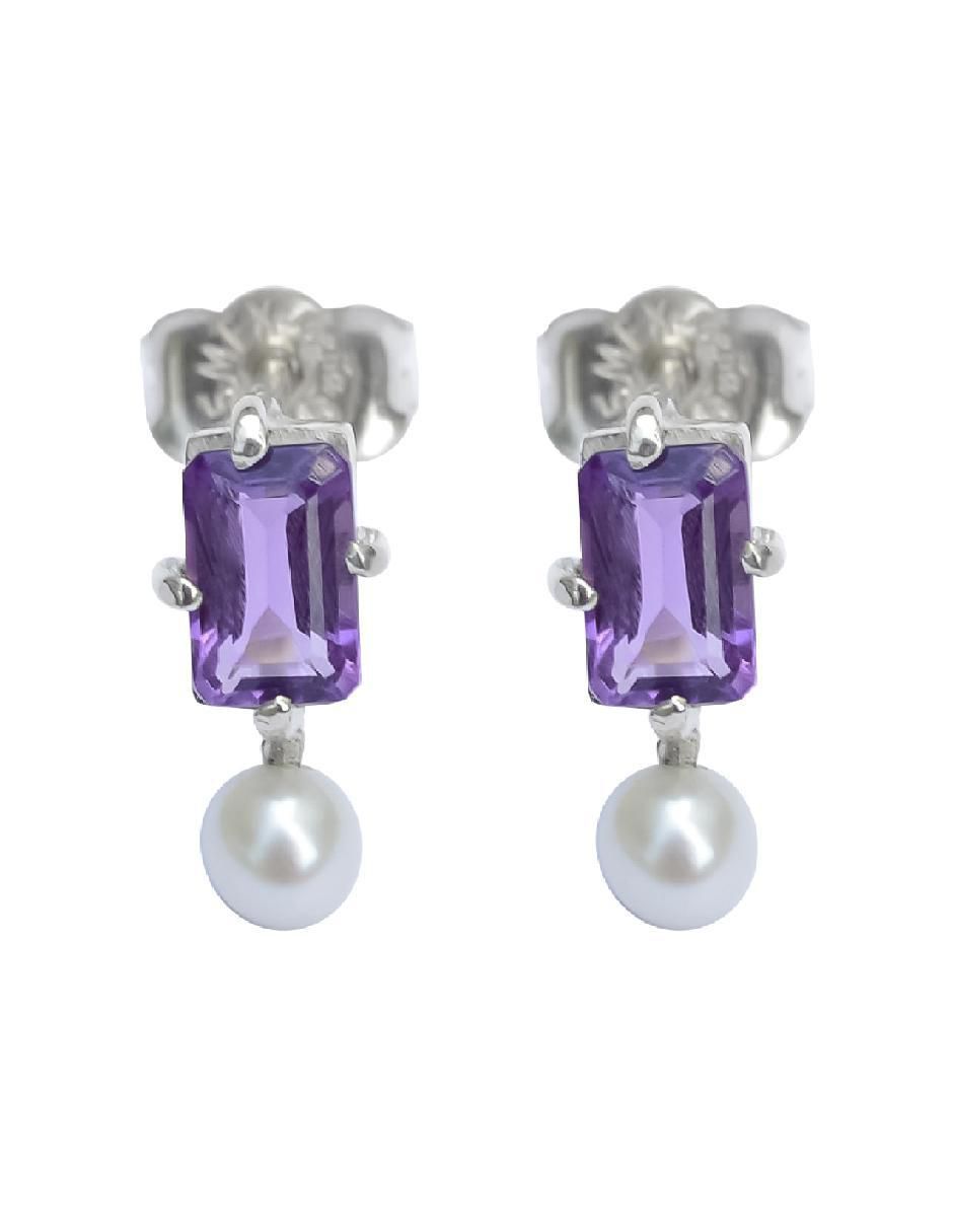 Aretes rectangulares Destellos De La Tierra de plata P 925 con acabado plateado amatista Aretes rectangulares Destellos De La Tierra de plata P 925 con acabado plateado amatista