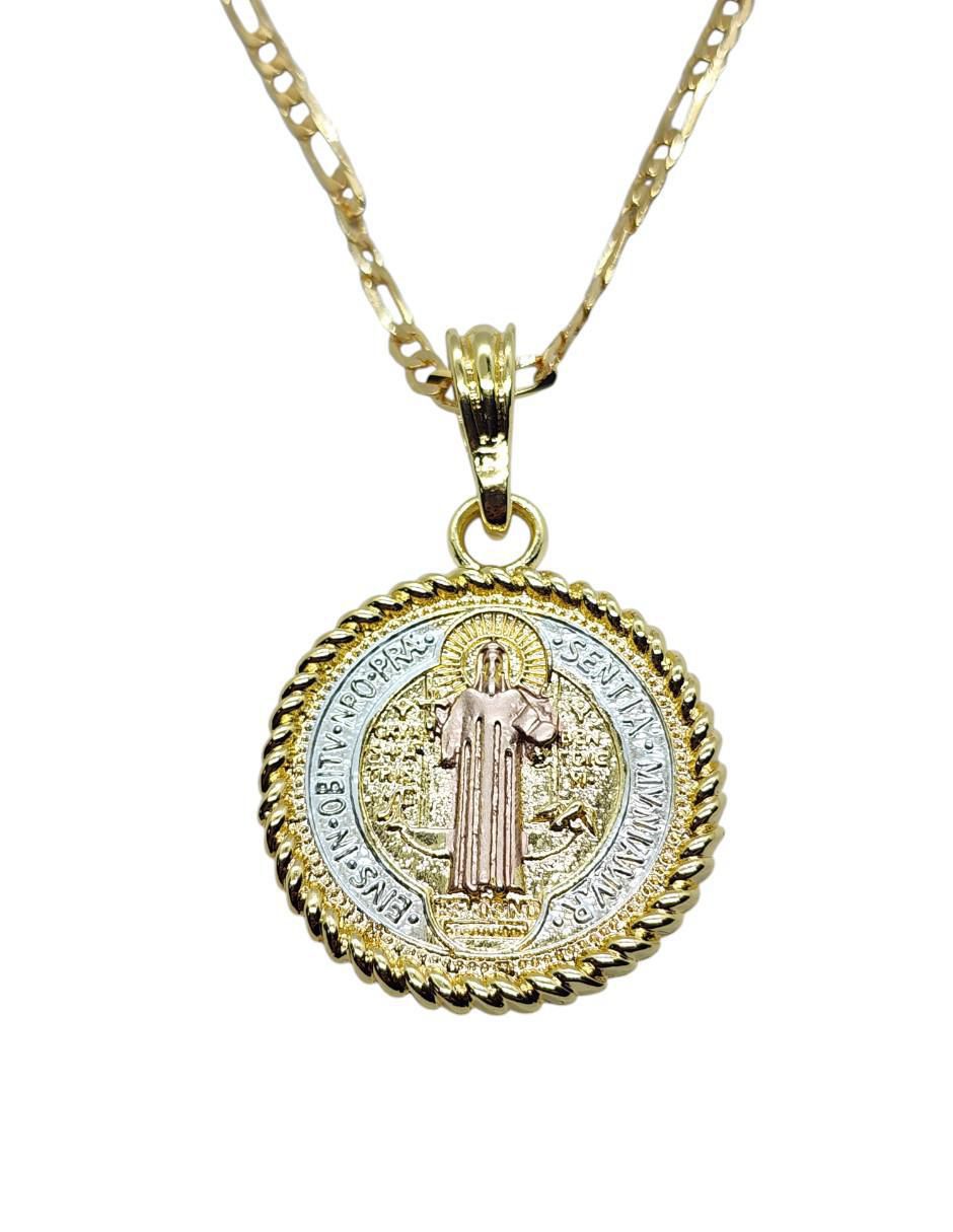 Collar con dije san benito de oro laminado 14 K