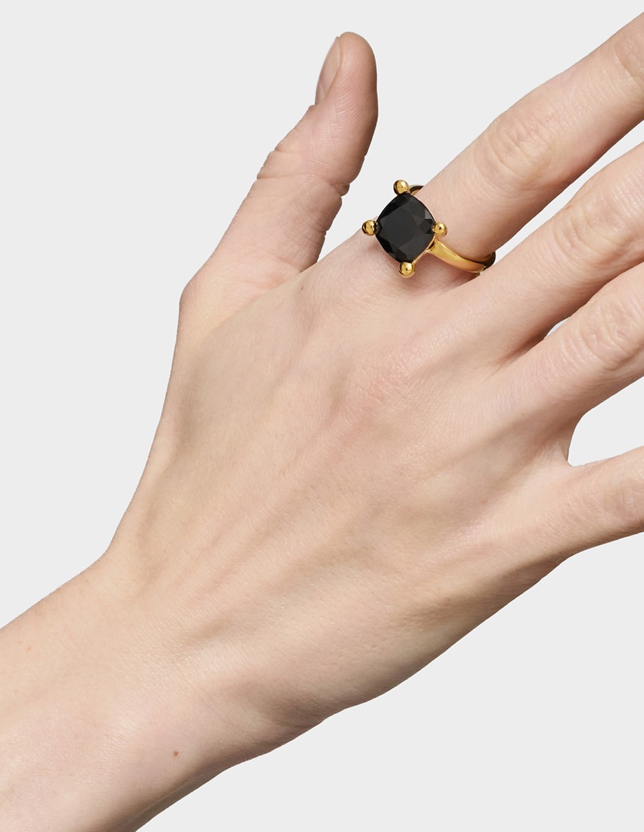 Anillo con gema cuadrado Color Black de plata P 925 ónix baño de oro 5