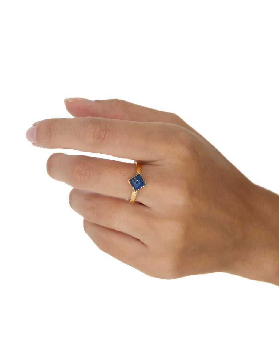 Anillo con gema de rombo Destellos de la Tierra de plata P 925 lapislázuli con acabado baño de oro 4