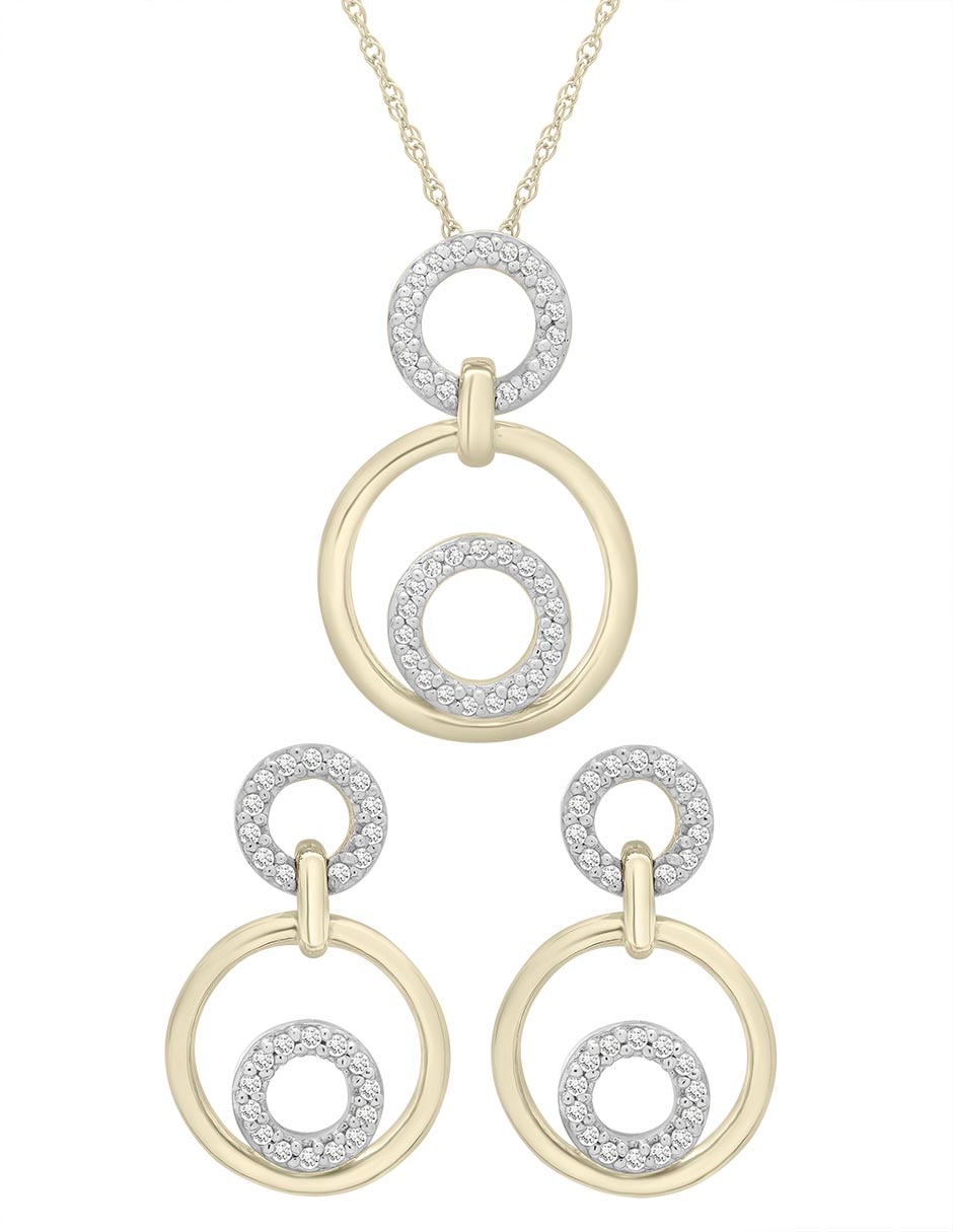Aretes y Collar circular de oro 14 k diamante
