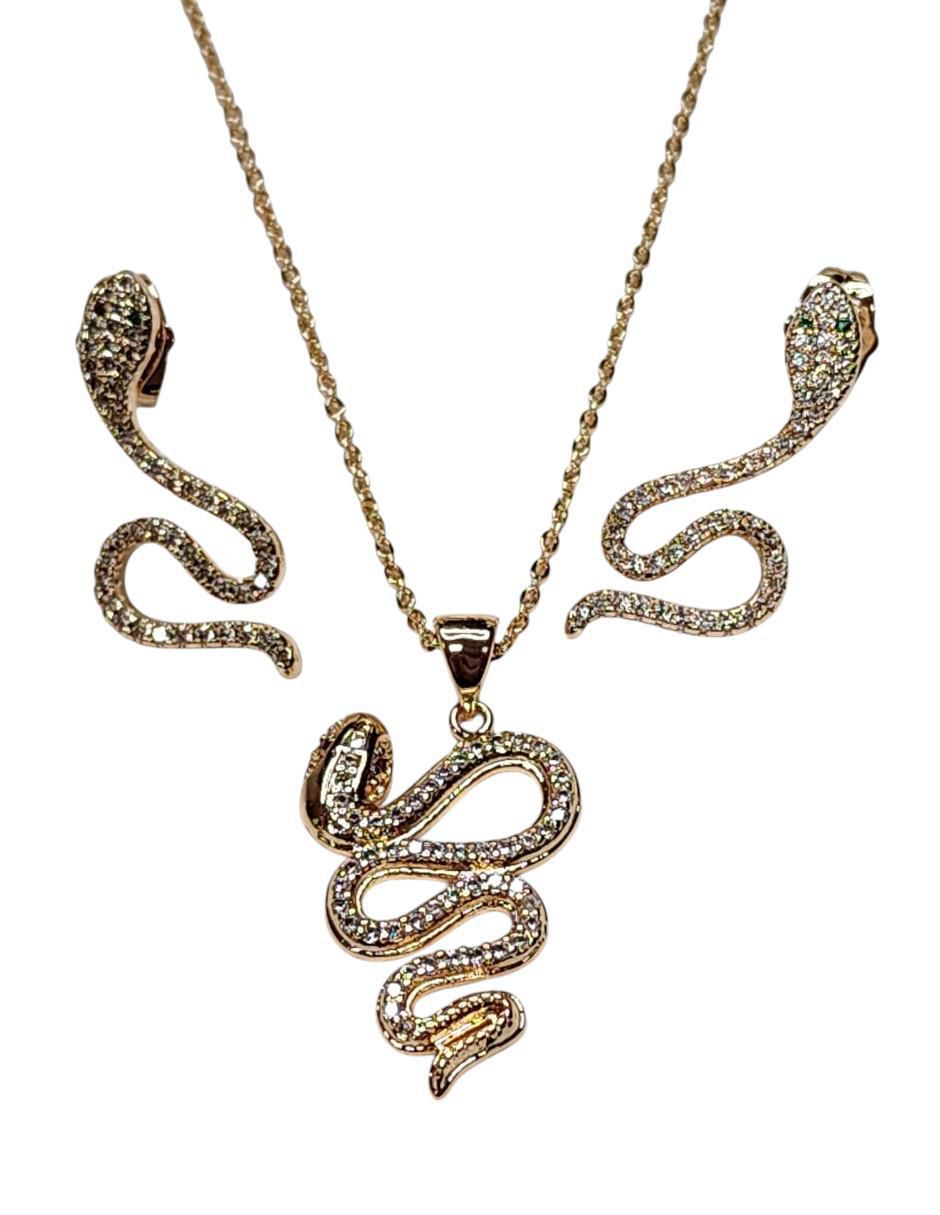 Aretes y collar de serpiente de baño de oro 14 K zirconia Aretes y collar de serpiente de baño de oro 14 K zirconia