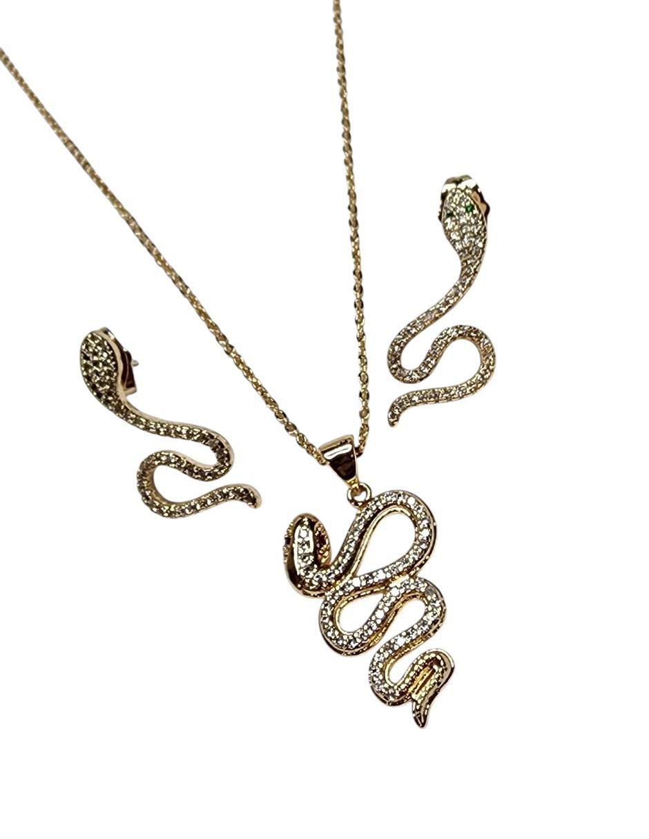 Aretes y collar de serpiente de baño de oro 14 K zirconia 4