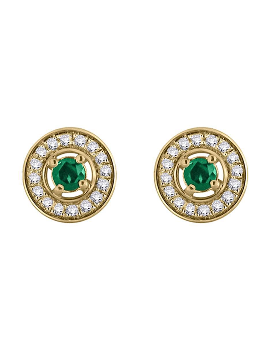 Aretes redondos Clara de oro amarillo con acabado pavé esmeralda y diamante
