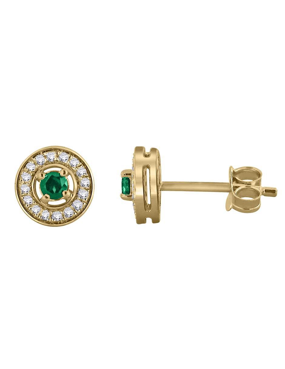 Aretes redondos Clara de oro amarillo con acabado pavé esmeralda y diamante 2