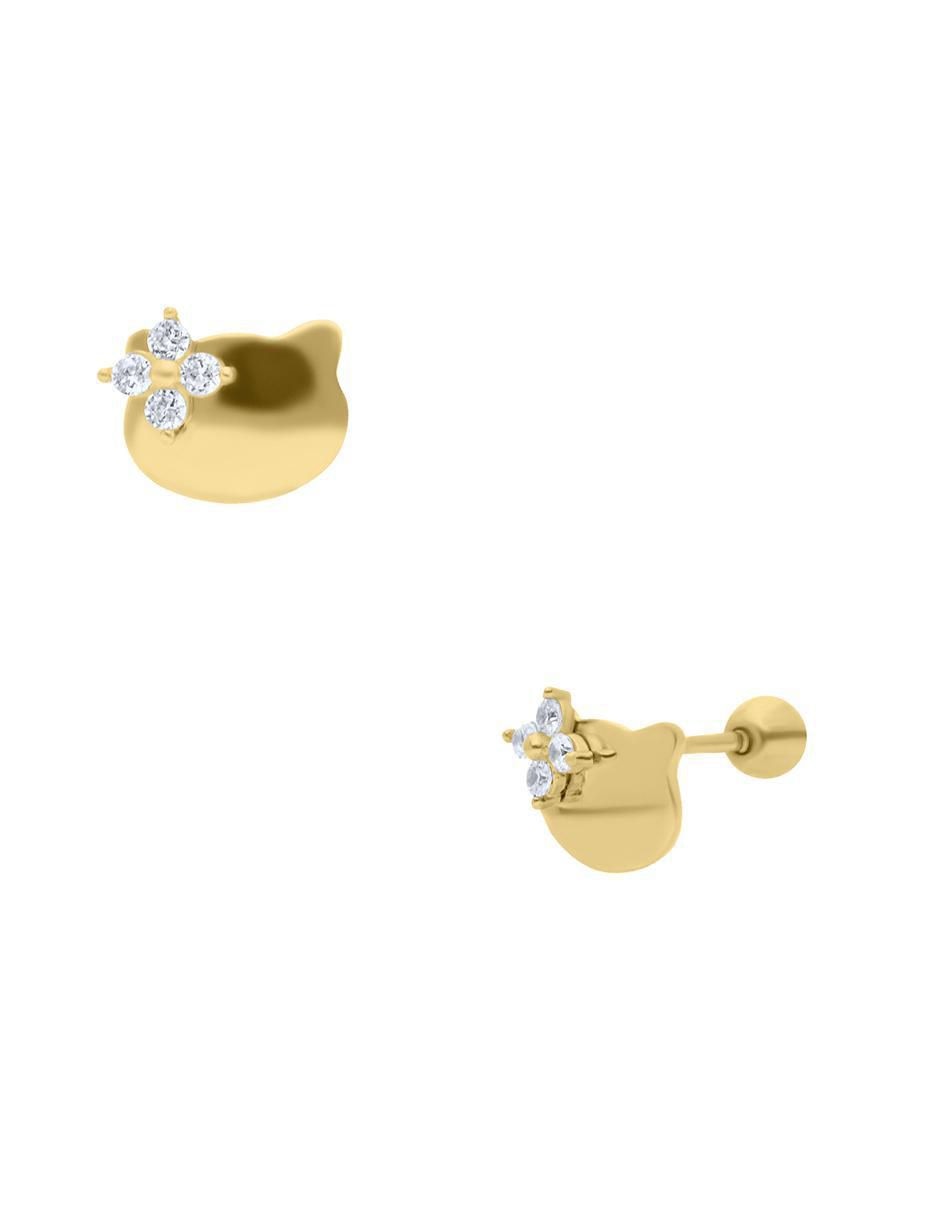 Broqueles de gato Hello Kitty de oro amarillo con acabado brillante zirconia