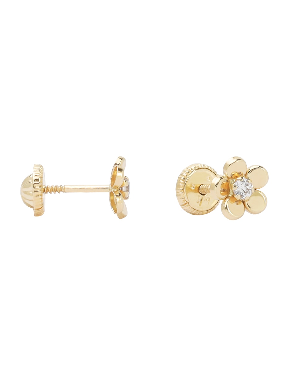 Broqueles de flor Tetera de oro 14 k con acabado pulido zirconia 3