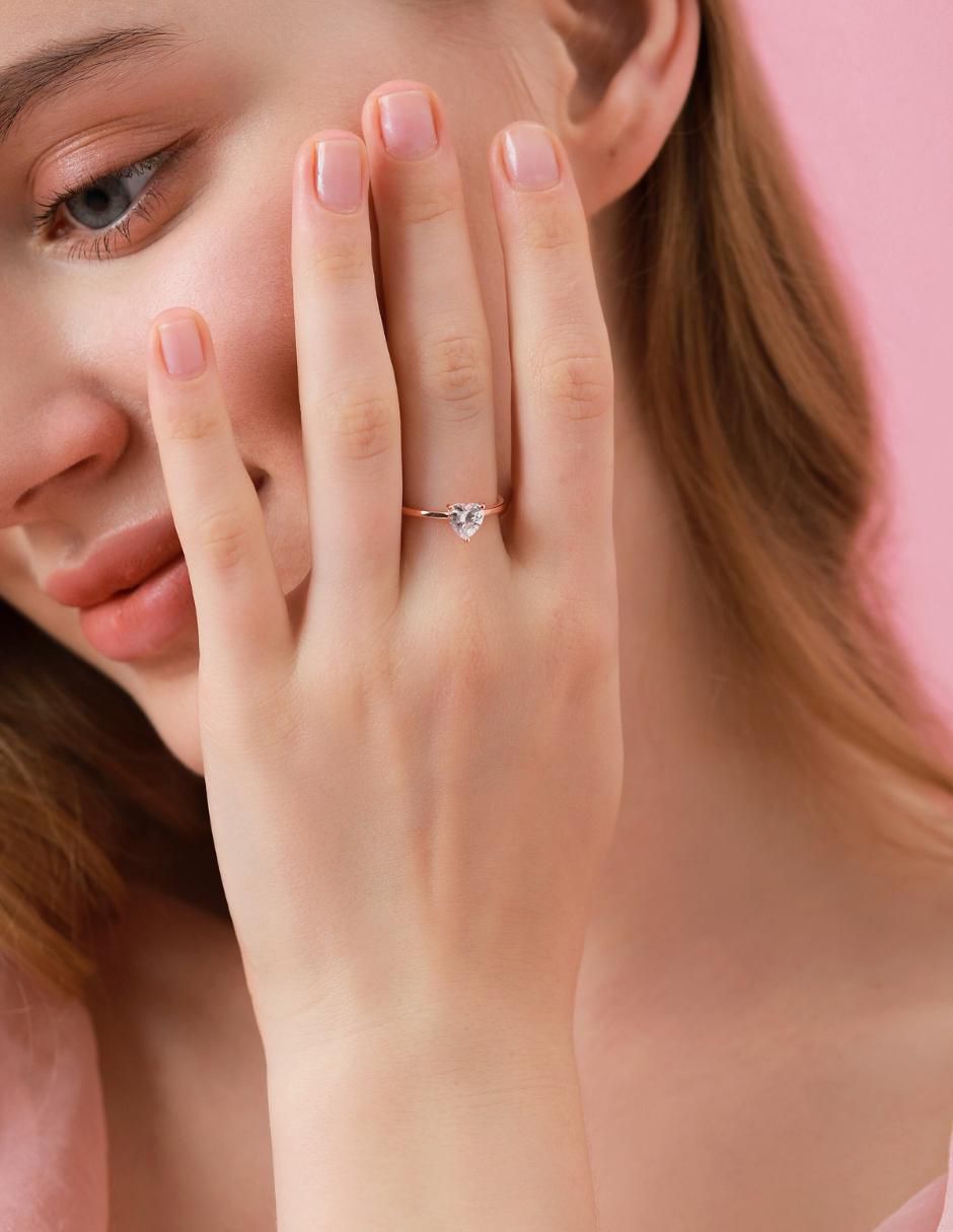 Anillo de corazón de plata vermeil P 925 zirconia cúbica con acabado baño de oro rosa 9