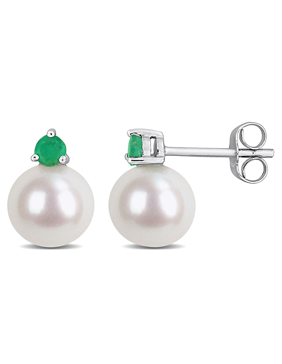 Broqueles de oro blanco con acabado brillante perla y esmeralda