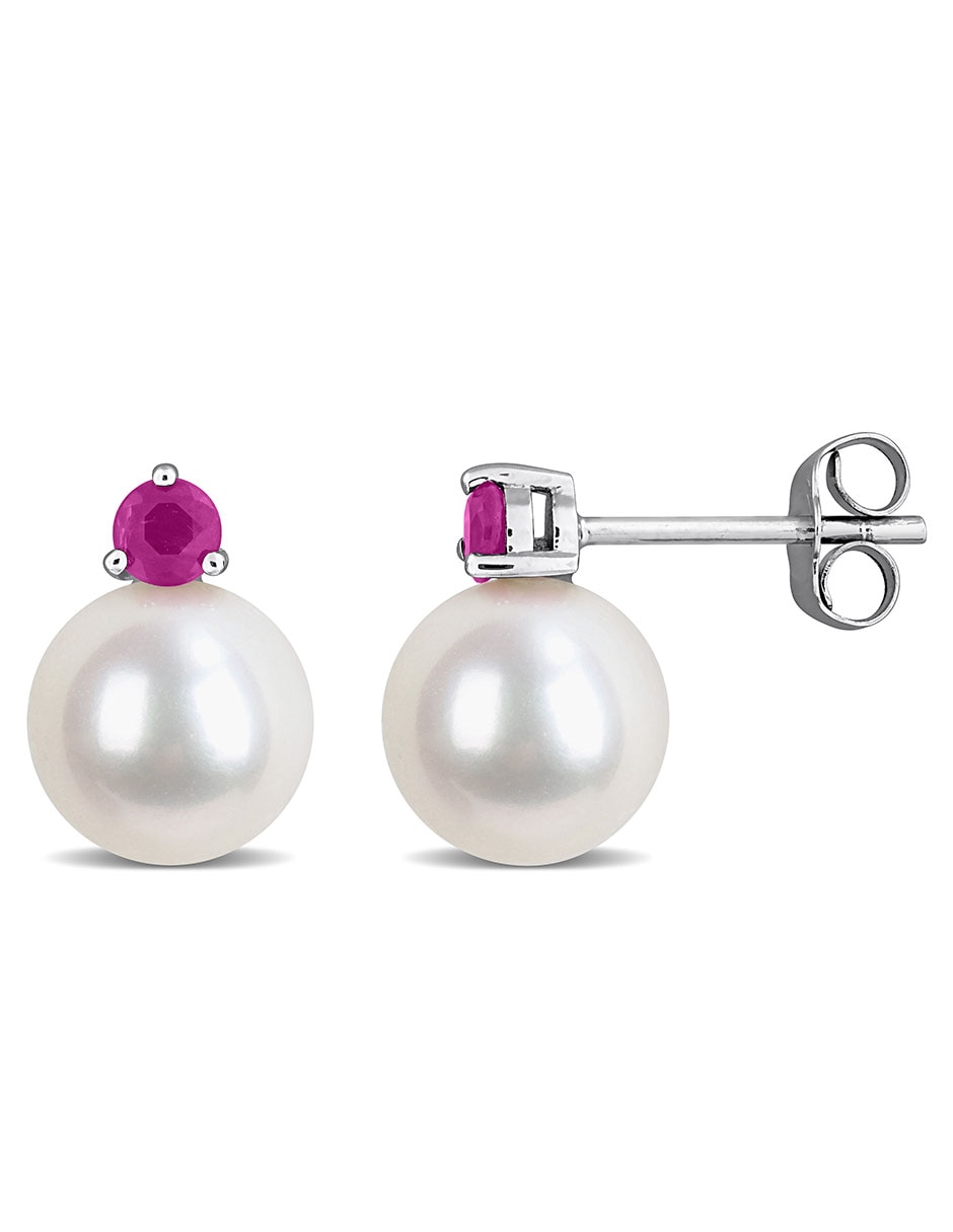 Broqueles de perla de oro blanco con acabado brillante rubí y perla
