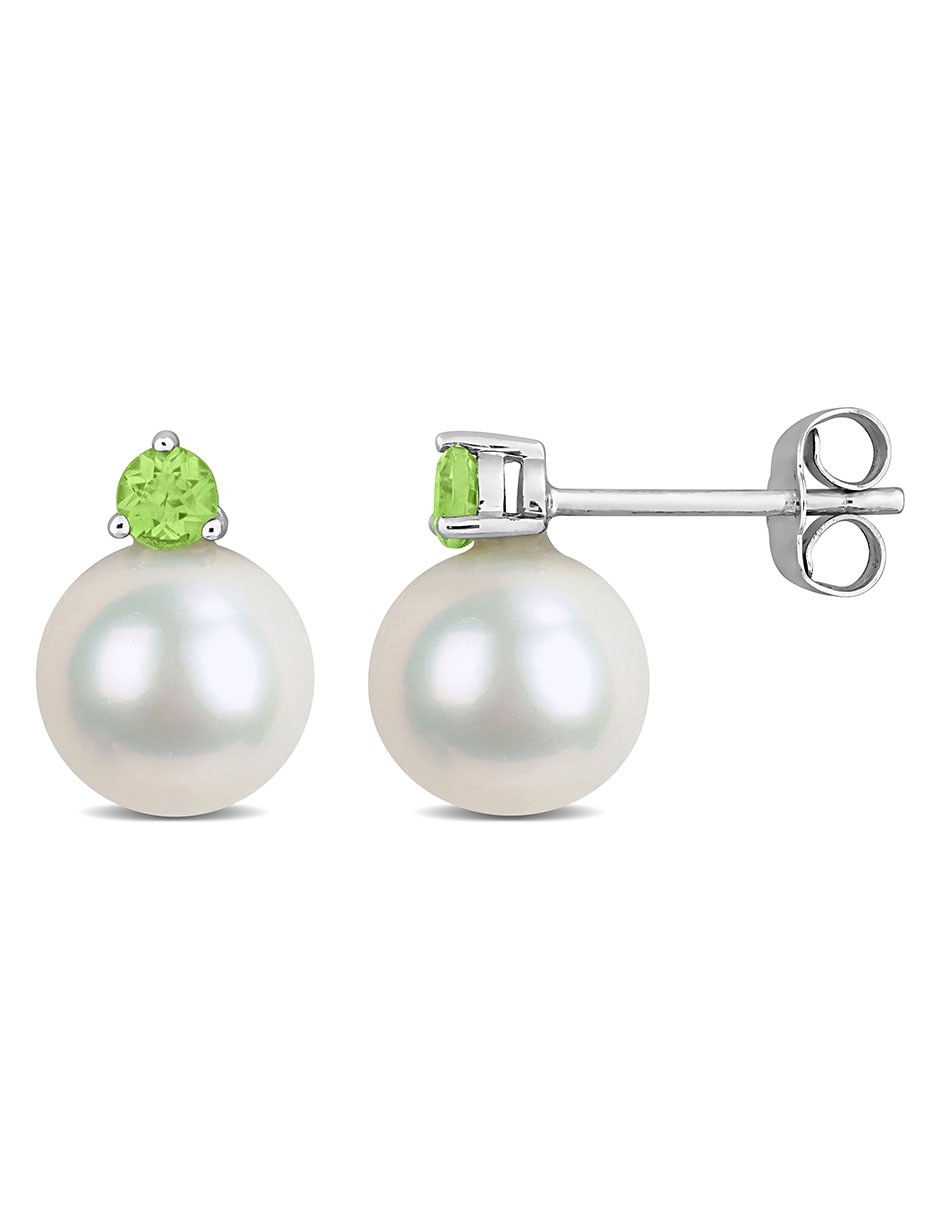 Broqueles de oro blanco con acabado brillante peridoto y perla