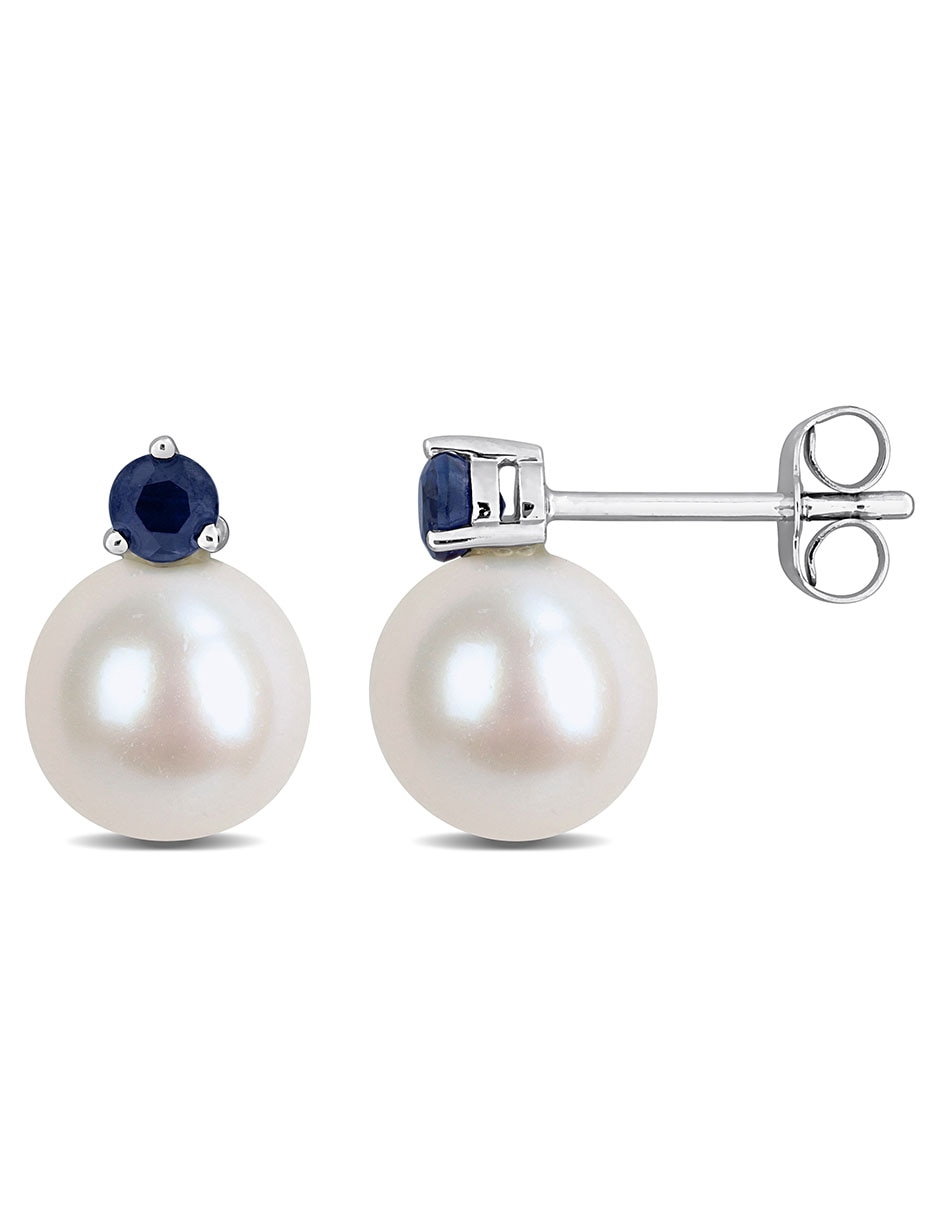 Broqueles de perla de oro blanco con acabado brillante zafiro y perla