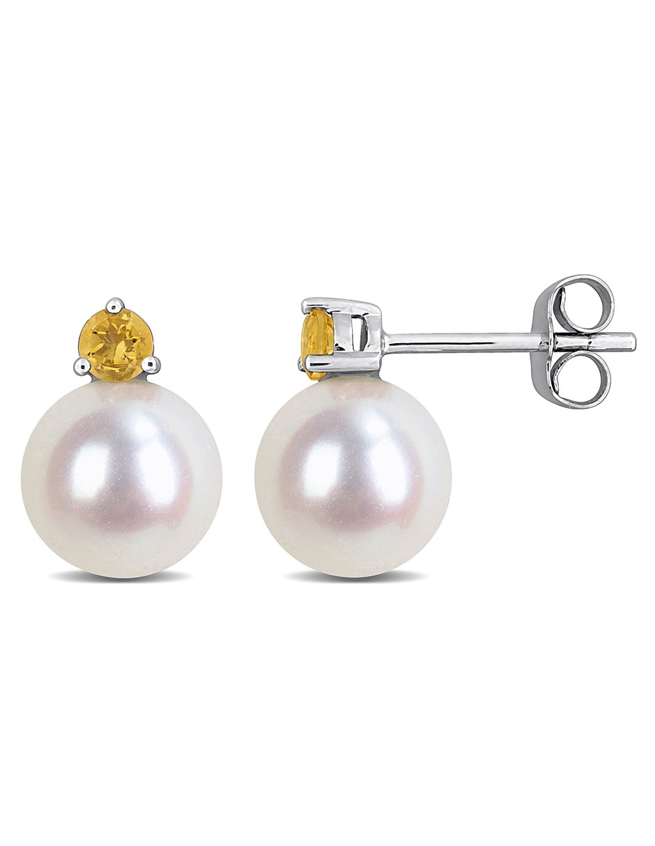 Broqueles de oro blanco con acabado brillante perla y citrino