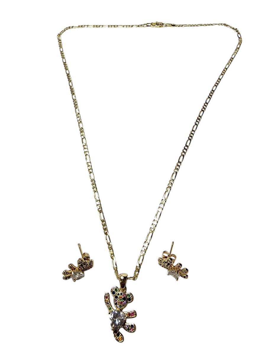 Aretes y collar de oso Ternura de oro vermeil 14 k zirconia 2