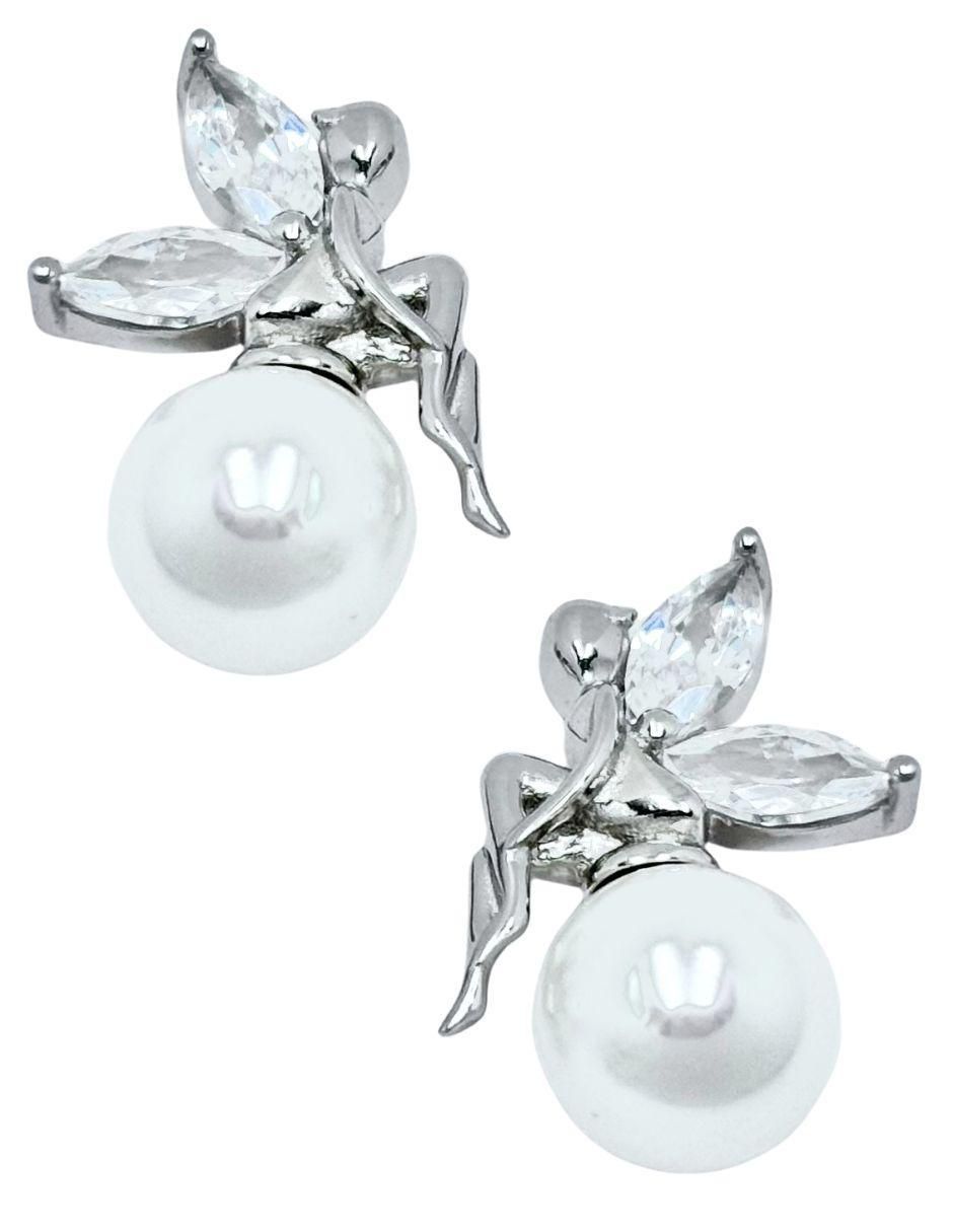 Aretes de hada de plata P 925 con acabado brillante imitación perla Aretes de hada de plata P 925 con acabado brillante imitación perla