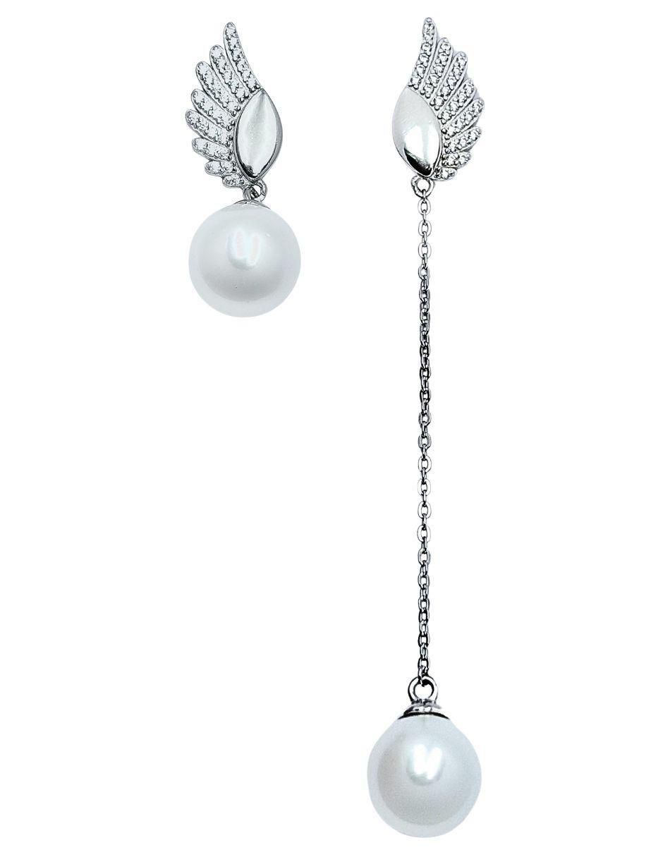 Aretes de alas de plata P 925 con acabado brillante imitación perla Aretes de alas de plata P 925 con acabado brillante imitación perla