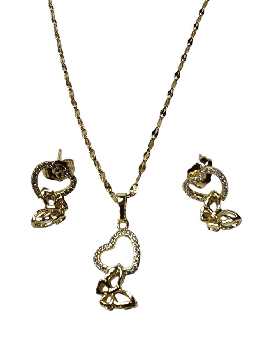 Aretes y collar de mariposa Corazón de oro vermeil 14 k zirconia