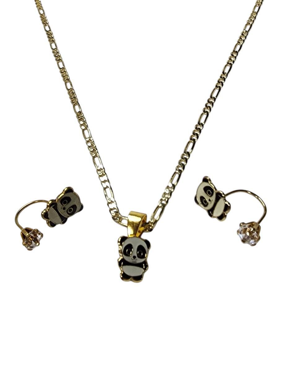 Aretes y collar de panda Ternura de oro vermeil 14 k zirconia
