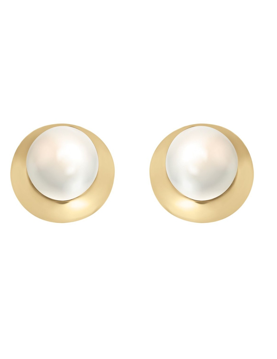 Broqueles de perla de oro 14 K con acabado brillante perla Broqueles de perla de oro 14 K con acabado brillante perla