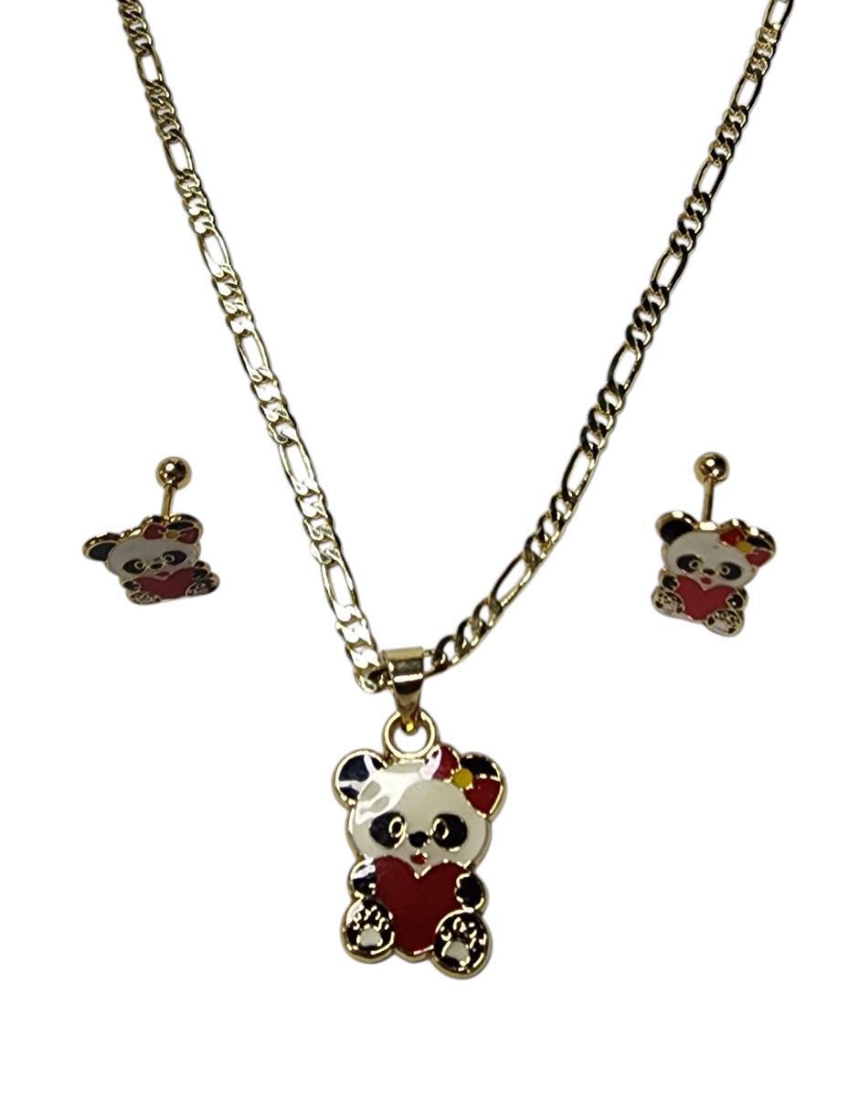 Aretes y collar de panda Ternura de oro vermeil 14 k Aretes y collar de panda Ternura de oro vermeil 14 k