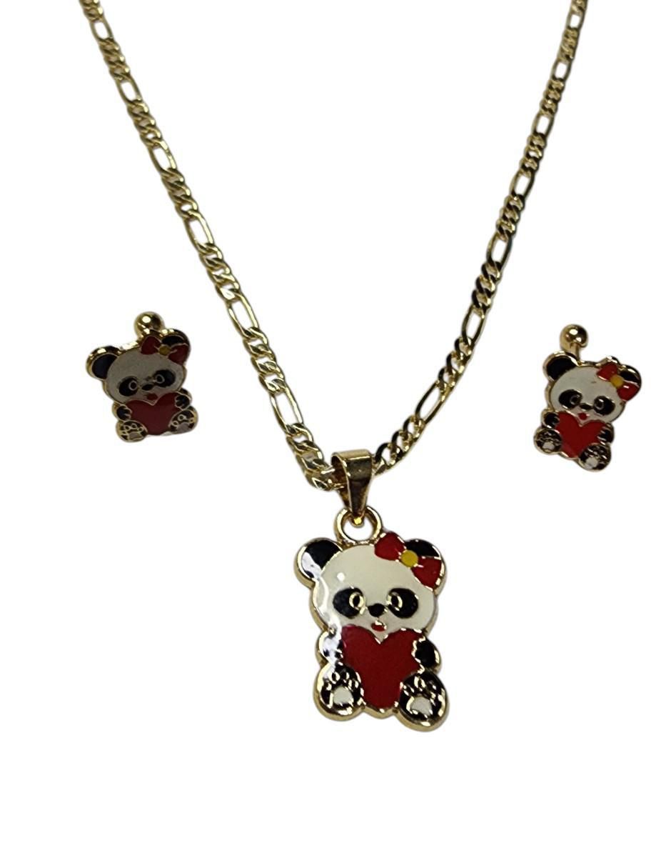 Aretes y collar de panda Ternura de oro vermeil 14 k 4