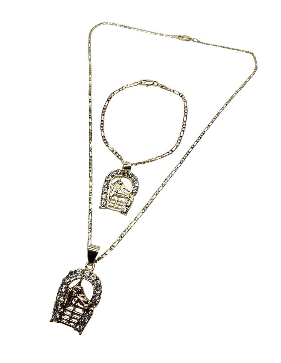 Collar y pulsera de caballo Equino de oro vermeil 14 K zirconia 2