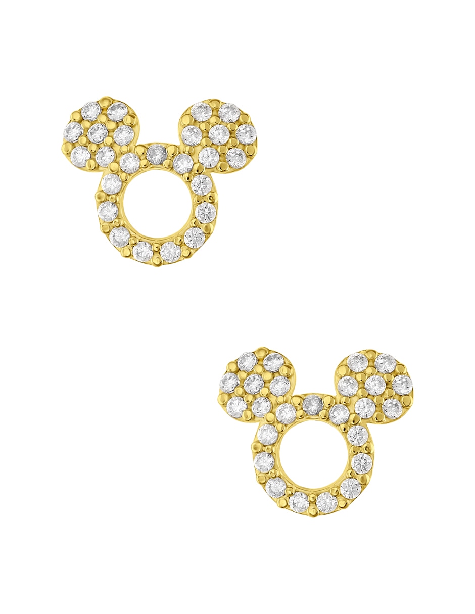 Broqueles redondos Mickey Mouse Disney de oro amarillo con acabado pavé zirconia
