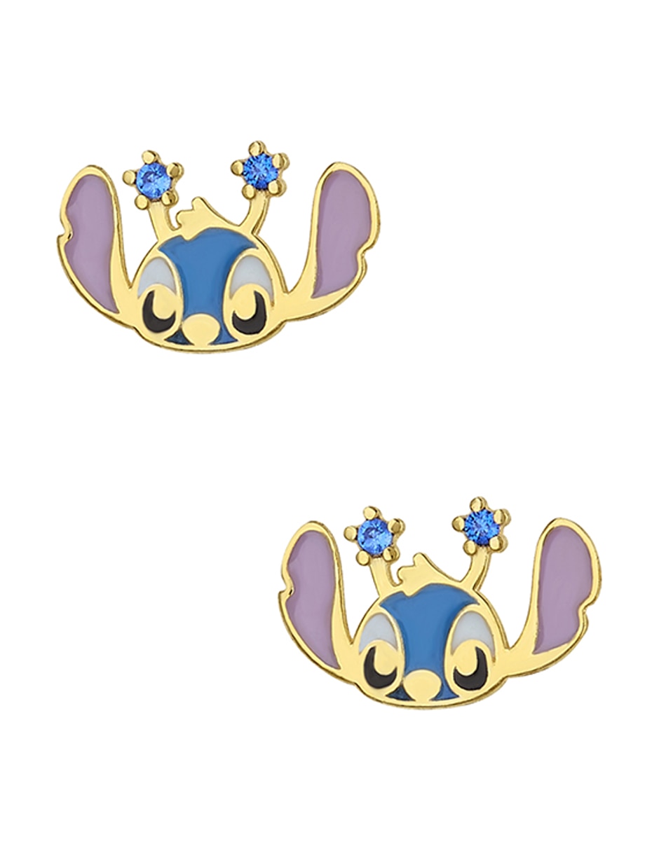 Broqueles Stitch Disney de oro amarillo con acabado esmaltado zirconia