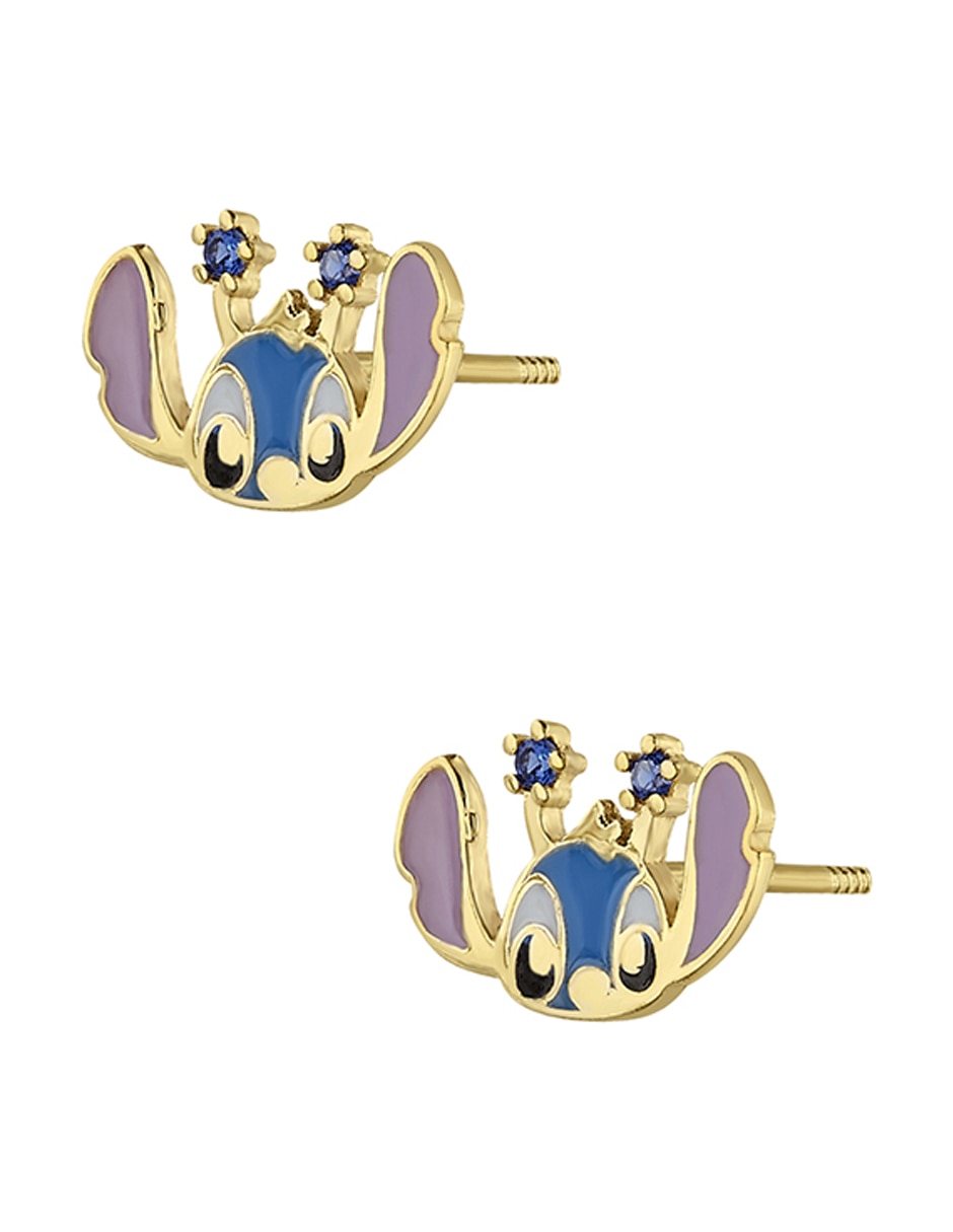 Broqueles Stitch Disney de oro amarillo con acabado esmaltado zirconia 2