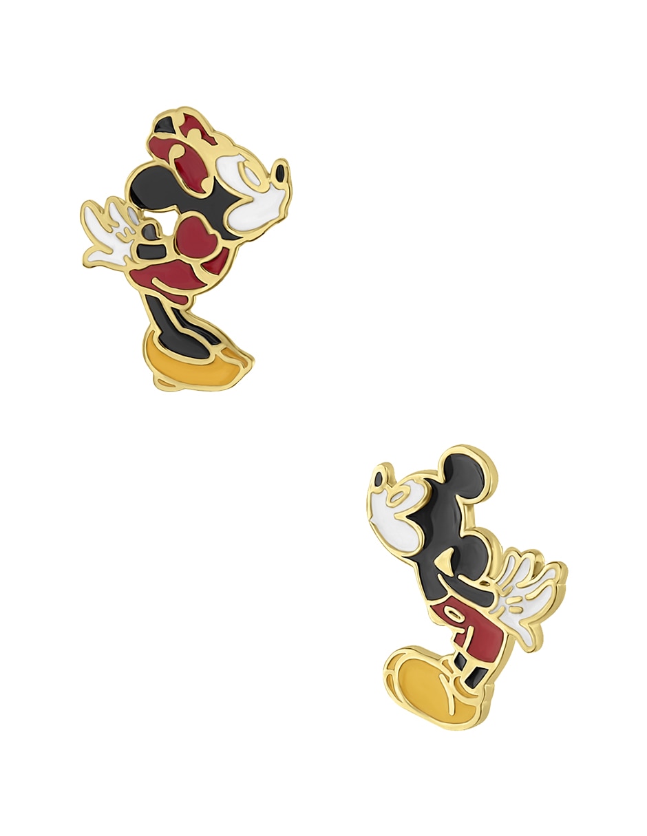 Broqueles Mickey & Minnie Disney de oro amarillo con acabado esmaltado