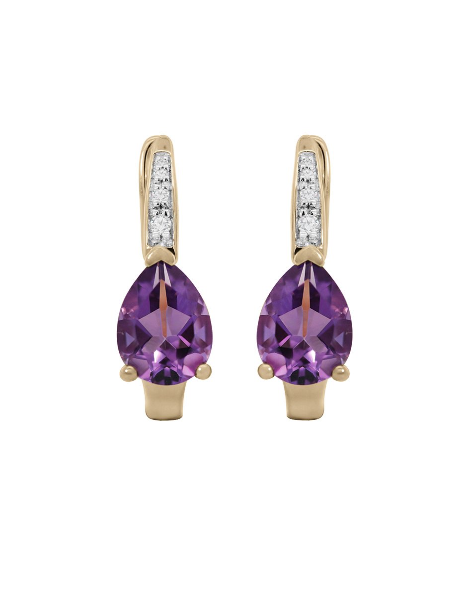Aretes de gota de oro con acabado espejo amatista y diamante