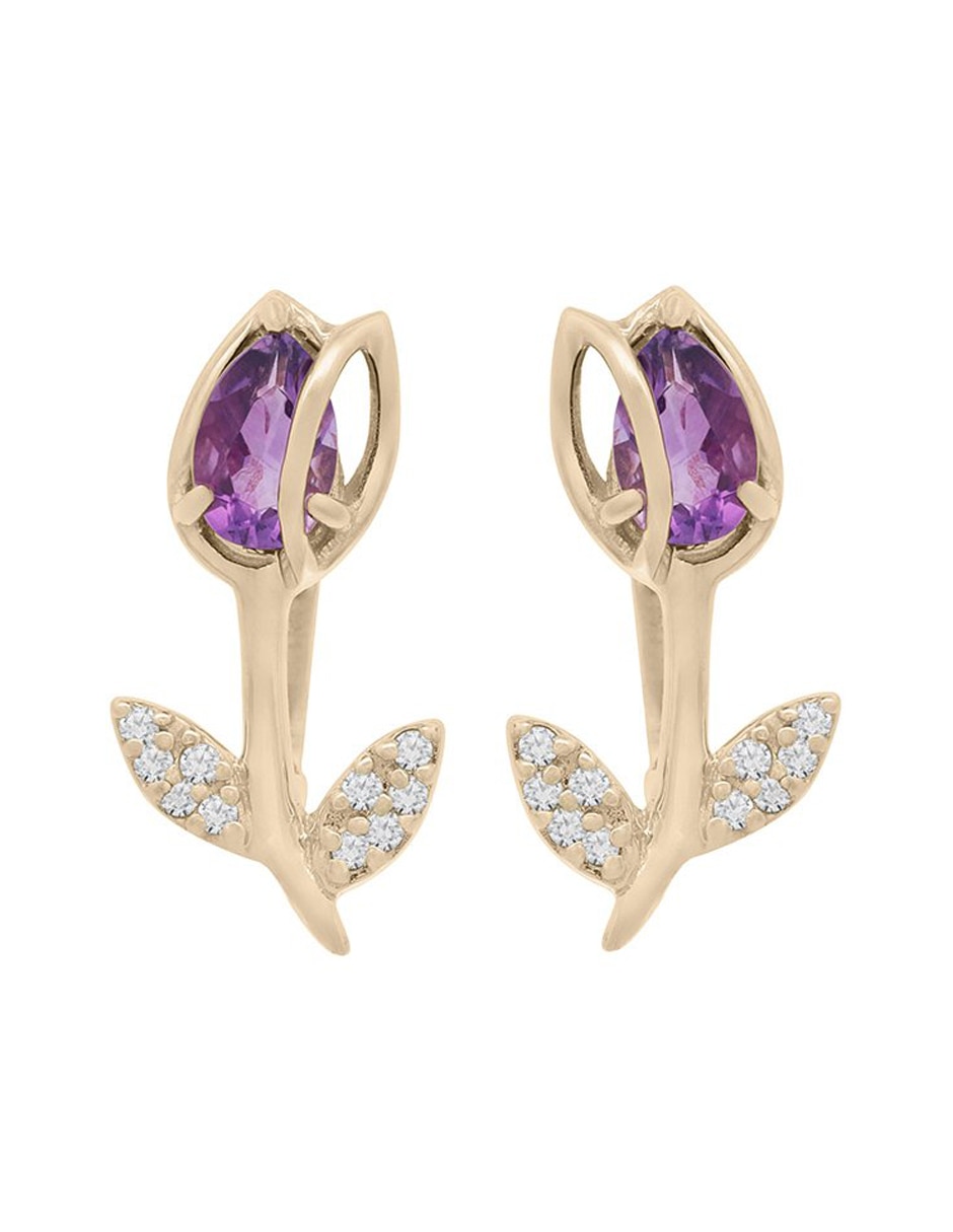 Aretes de flor de oro con acabado espejo amatista y diamante