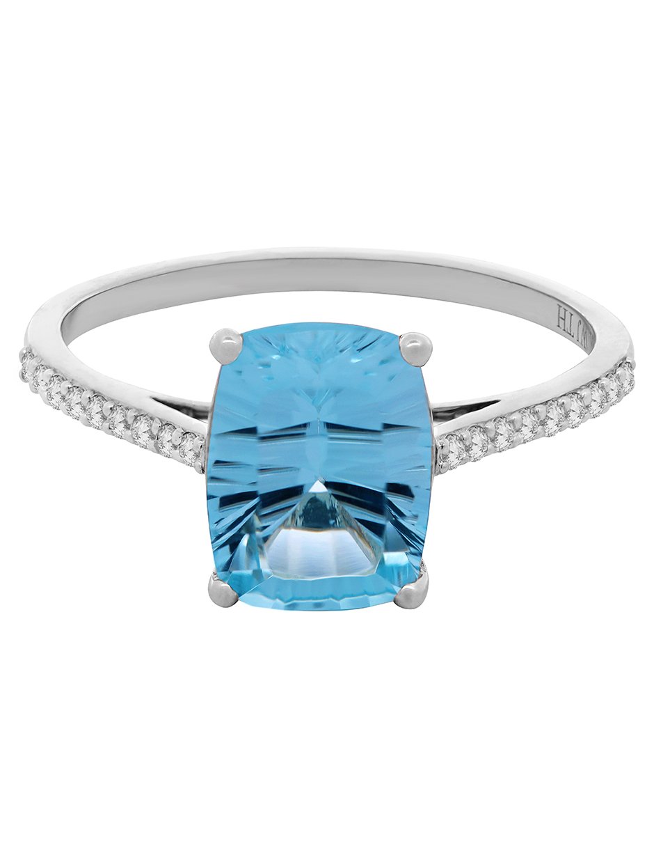 Anillo rectangular 14 k de oro blanco topacio y diamante brillante