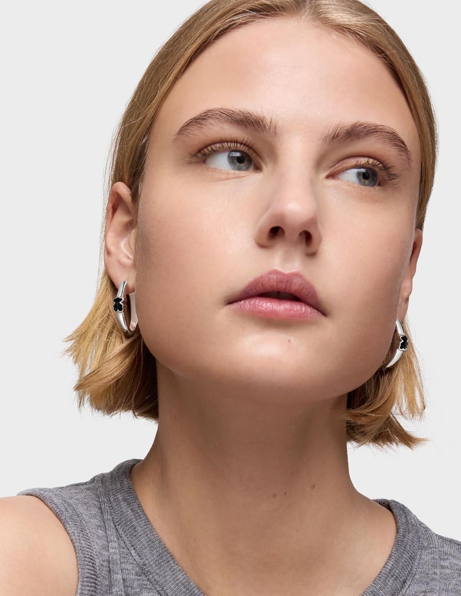 Aretes de aro de oso de plata P 925 con acabado brillante ónix 5