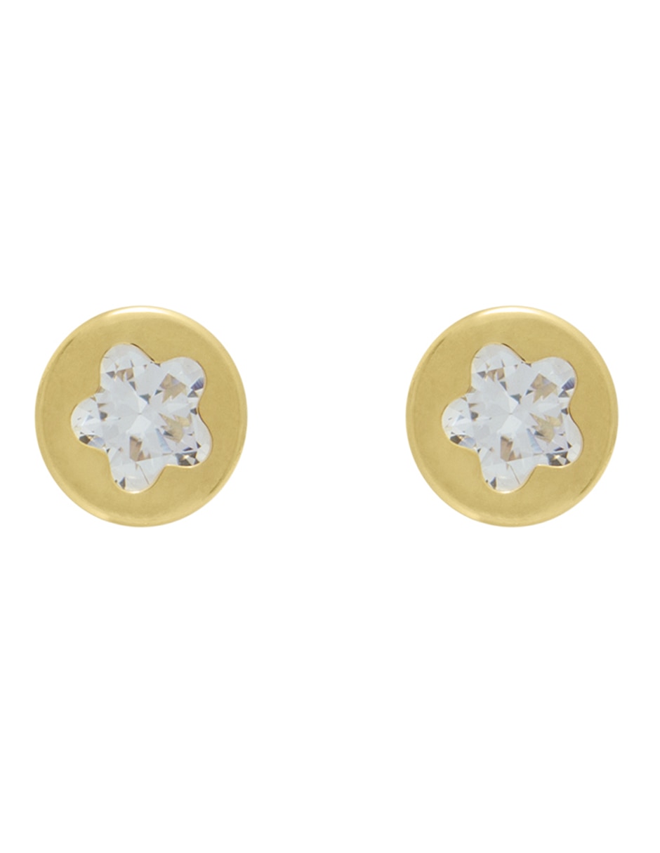 Broqueles de flor de oro amarillo con acabado brillante zirconia