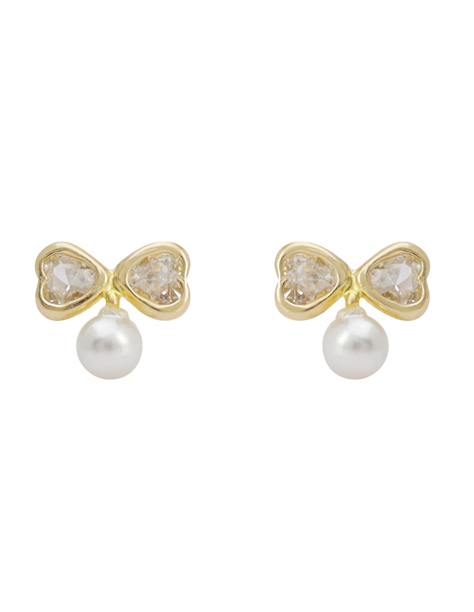 Broqueles de moño Tetera de oro 14 k con acabado lustre perla con zirconia