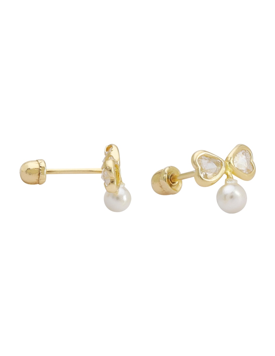 Broqueles de moño Tetera de oro 14 k con acabado lustre perla con zirconia 3