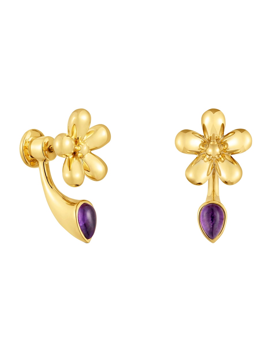 Aretes de flor Daisy de plata P 925 con acabado baño de oro amatista Aretes de flor Daisy de plata P 925 con acabado baño de oro amatista