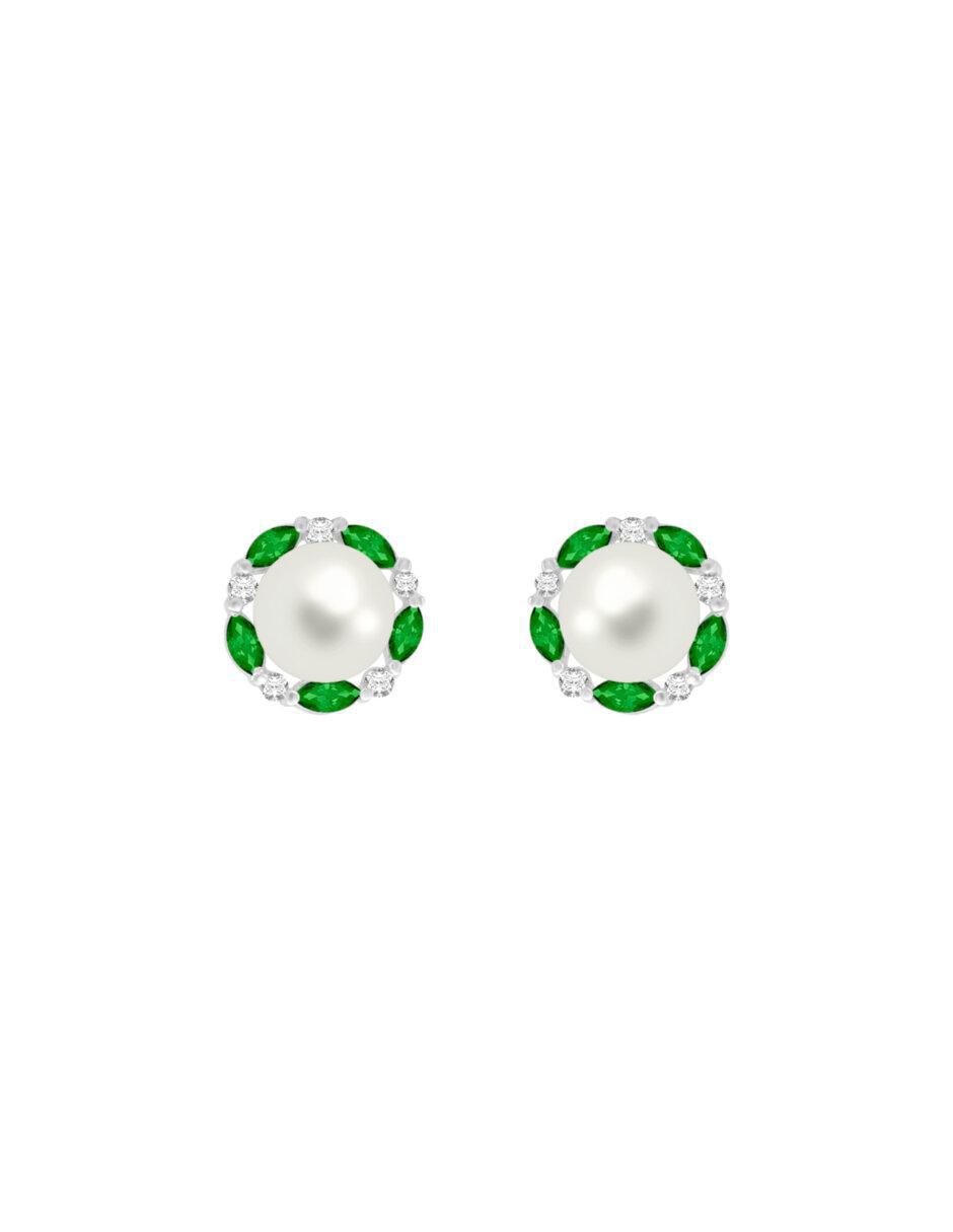 Aretes redondos Coco de oro blanco con acabado brillante perla y esmeralda