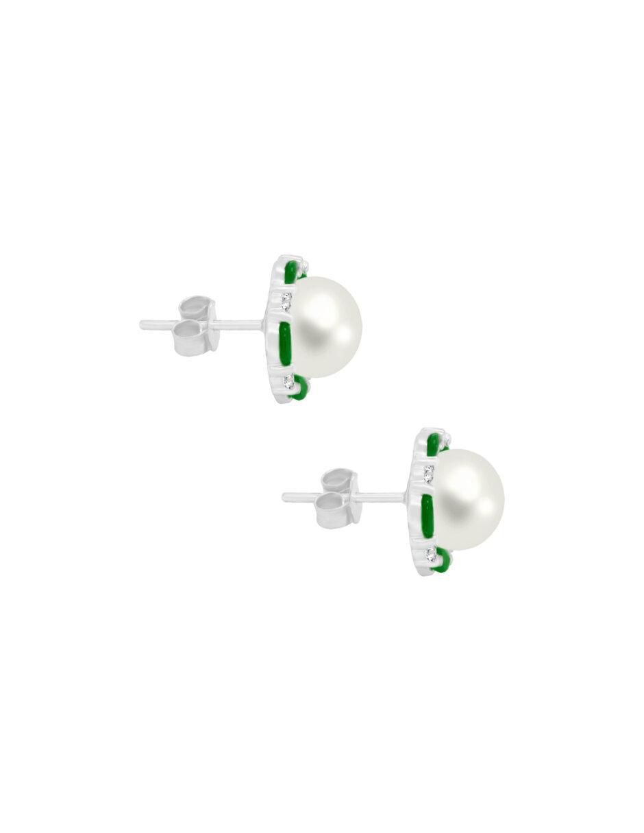 Aretes redondos Coco de oro blanco con acabado brillante perla y esmeralda 2