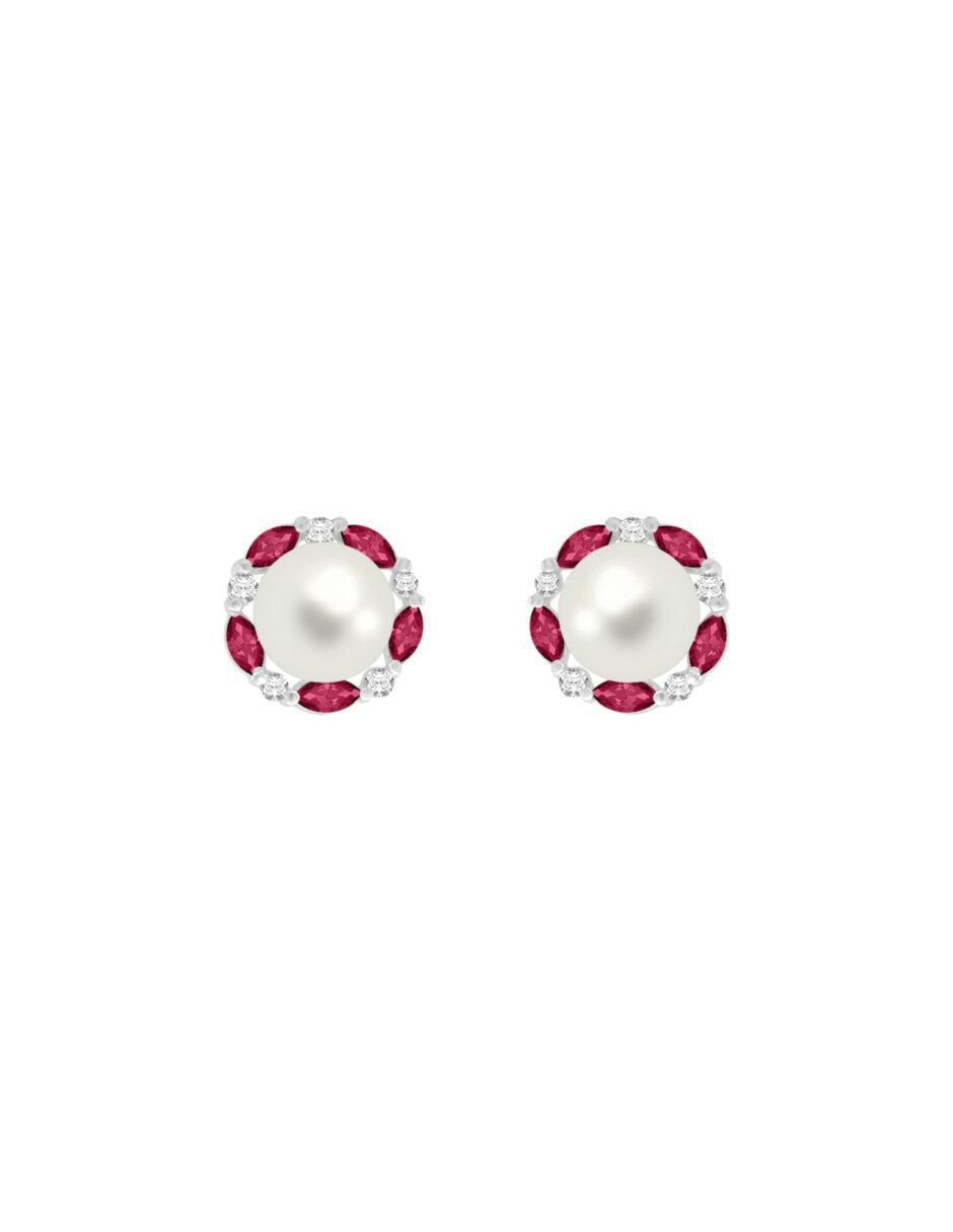 Aretes redondos Coco de oro blanco con acabado brillante rubí y diamante