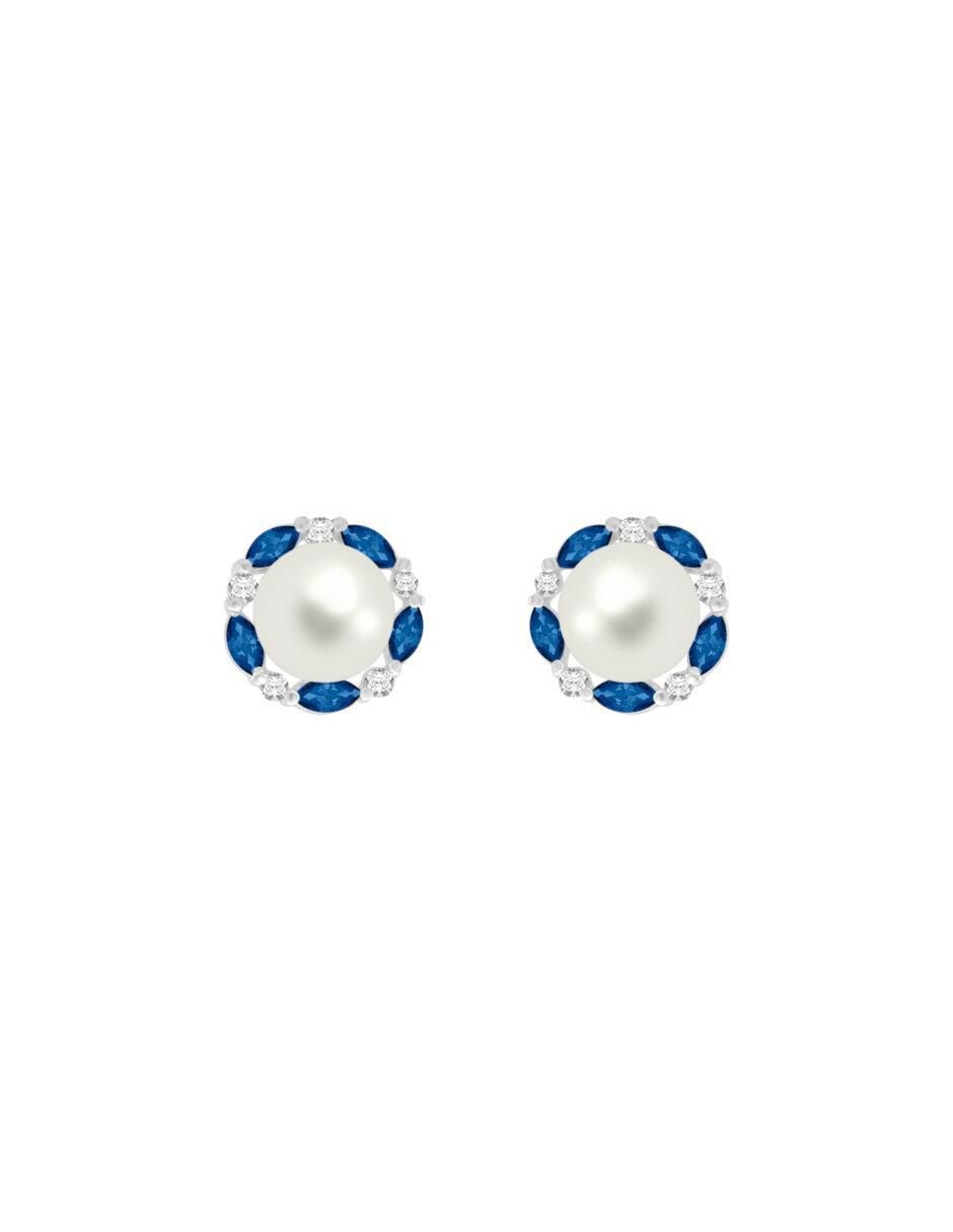 Aretes redondos Coco de oro blanco con acabado brillante zafiro y diamante
