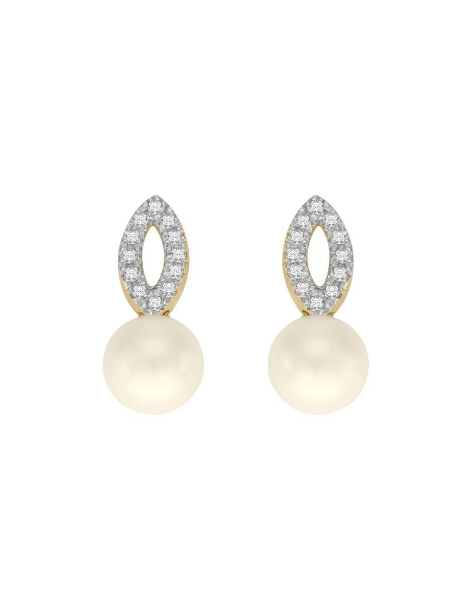 Aretes ovalados Teles de oro con acabado brillante perla y diamante