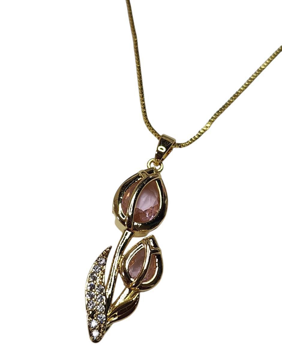 Collar con dije de flor Tulipan de oro laminado 14 K 3