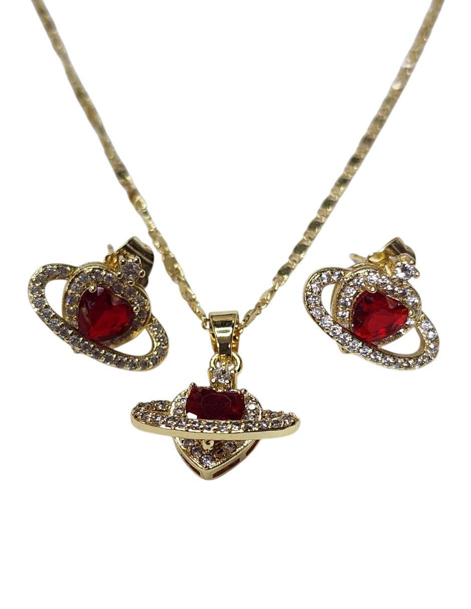 Aretes y collar de corazón Saturno zirconia