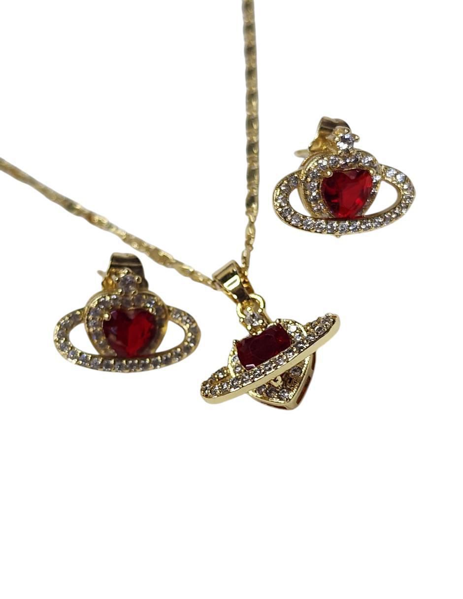 Aretes y collar de corazón Saturno zirconia 4